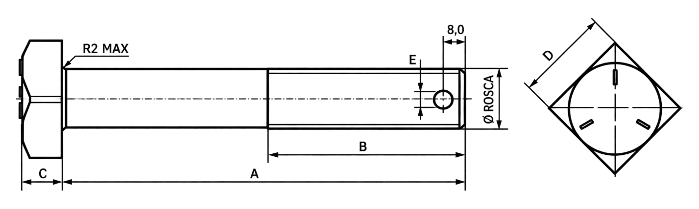 Desenho técnico do parafuso AMV com as cotas A, B, C, D e E