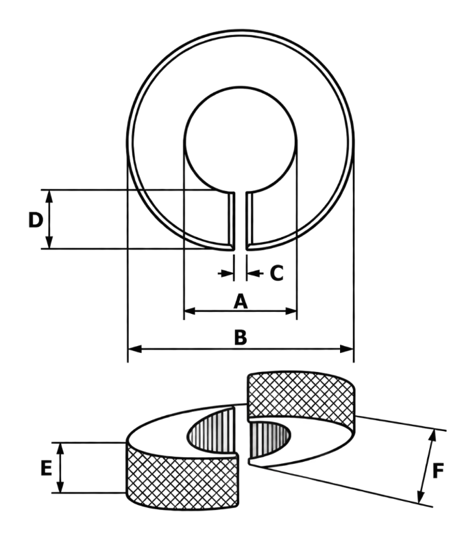 Desenho técnico da arruela pesada com cotas A, B, C, D, E e F