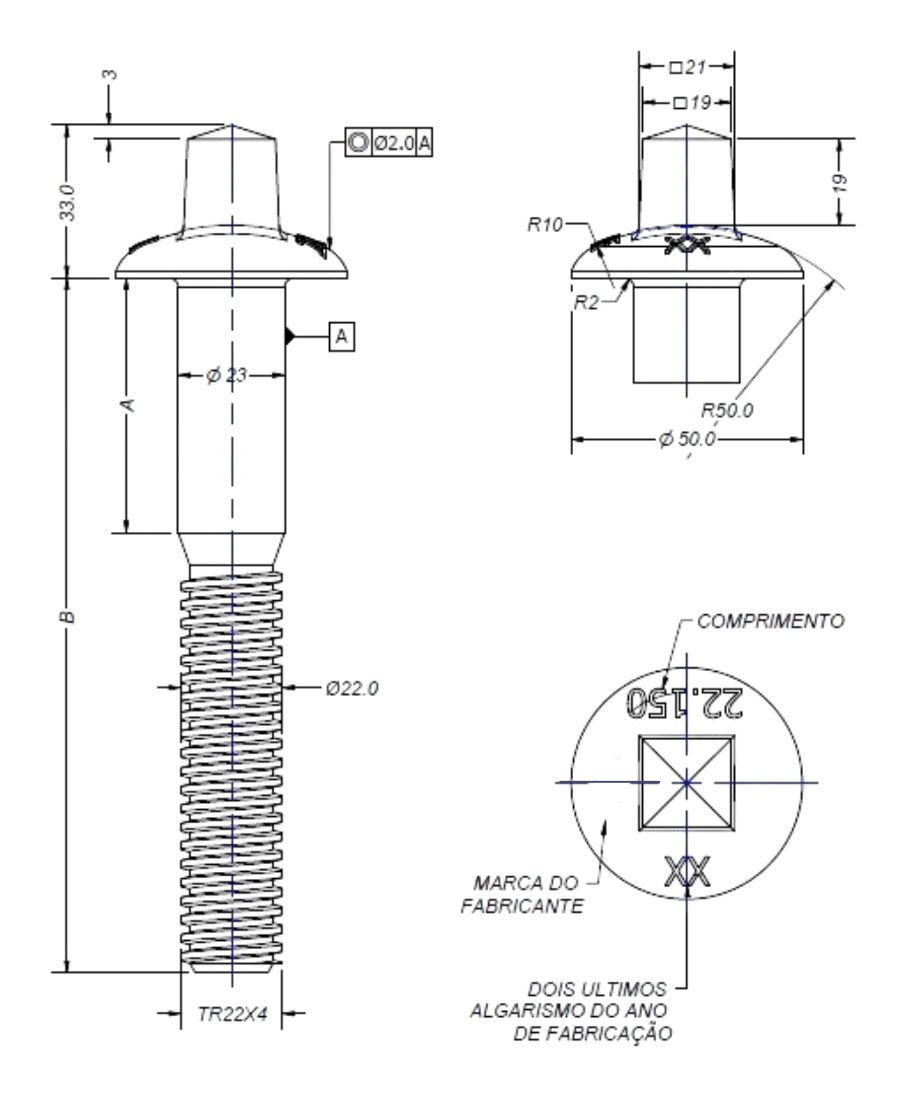 Desenho técnico original do Tirefond tipo rosca trapezoidal Tr22 x 4 mm